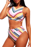 Candy Color Striped Tank High Waist Bikini