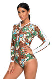 Floral Print Accent Leopard Long Sleeve One Piece Swimsuit