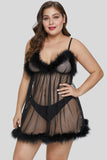 Black Marabou Cup Dotted Pattern Plus Size Babydoll