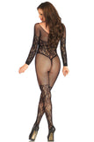 Black Vine Lace and Net Long Sleeve Bodystocking