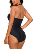 Black Big Bow Front Halter Maillot Swimsuit