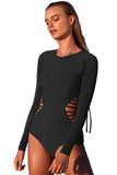 Black Long Sleeve Strappy Hollow-out One-piece Surf Swimsuit