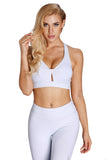 White Pleated Detail V Neck Sport Bra with Keyhole