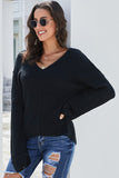 Black Textured V Neck Pullover Sweater