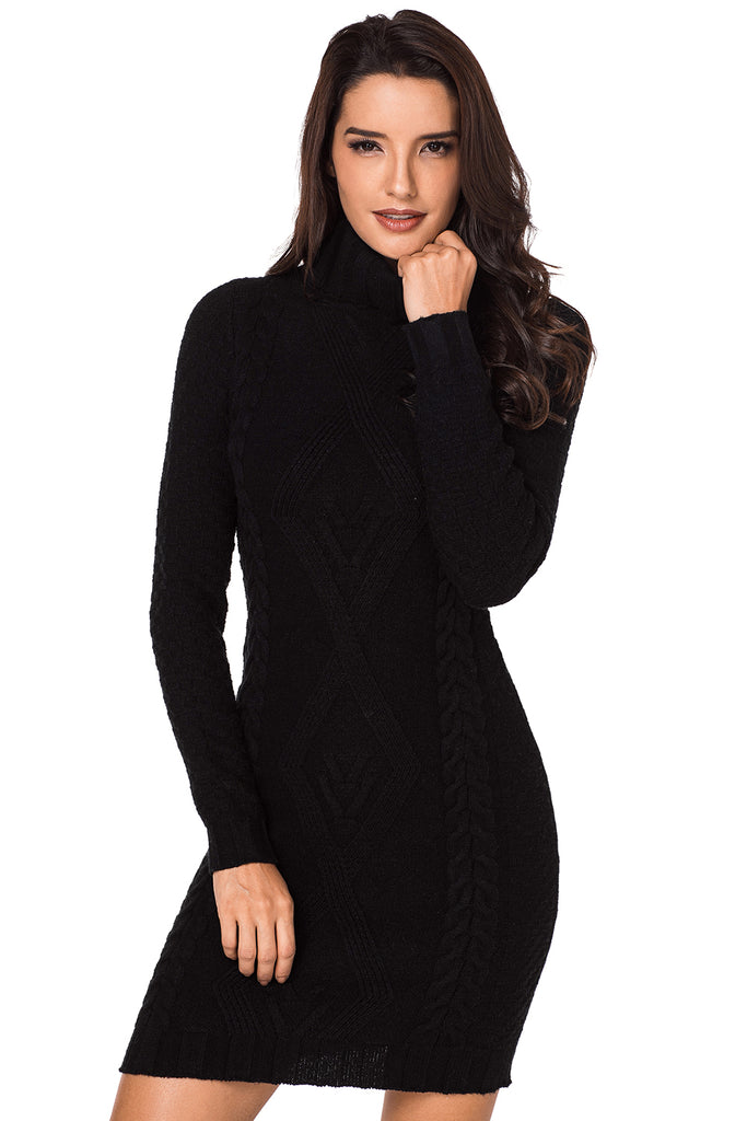 Black Stylish Pattern Knit Turtleneck Sweater Dress