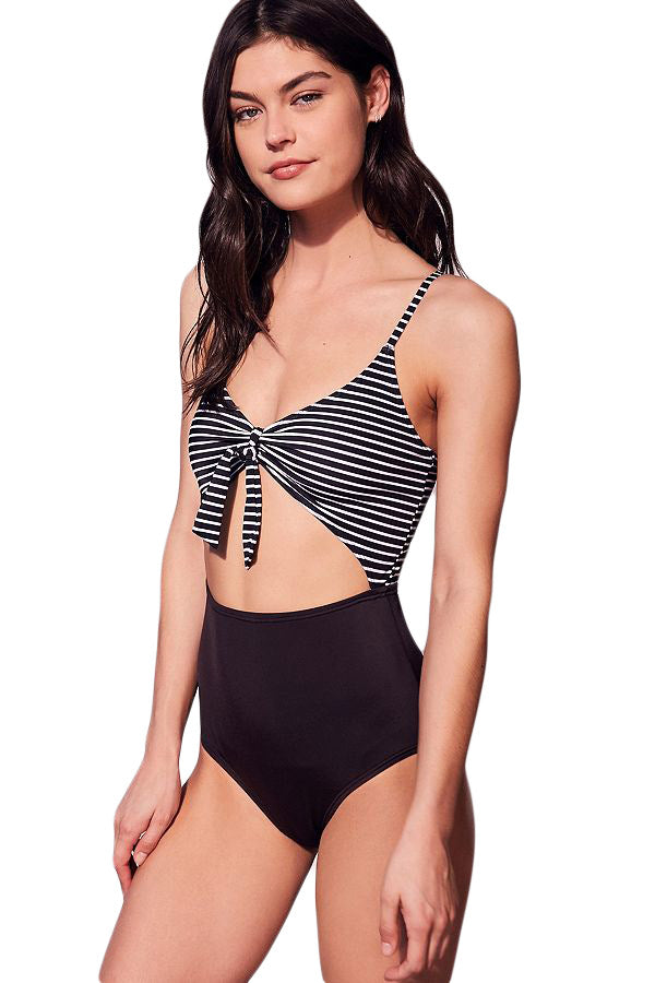 Black White Striped Cutout Tie Front Maillot Swimsuit