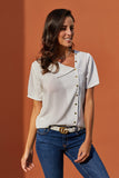 White Short Sleeve Button Detail Loose Fitting Chiffon Blouse