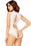 White Allover Lace and Mesh Snap Crotch Keyhole Teddy