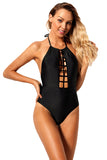 Black Caged Front Halter One Piece Swimsuit