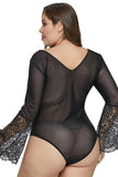 Black Bell Sleeve Lace Mesh Plus Size Teddy