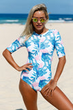 Red Blue Leaves Zip Front Half Sleeve One Piece Swimsuit