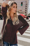 Red Textured V Neck Pullover Sweater
