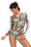 Floral Print Accent Leopard Long Sleeve One Piece Swimsuit