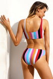 Multicolor Striped Tie Front Detail Bikini Swimsuit