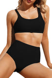 Solid Black Sport Bikini 2pcs High Waist Swimsuit