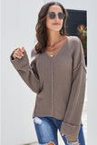 Brown Textured V Neck Pullover Sweater