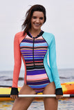 Coral Blue Long Sleeve Stiped One-piece Swimsuit