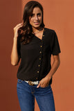 Black Short Sleeve Button Detail Loose Fitting Chiffon Blouse