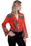 Red Printed Flare Long Sleeve Wrap Bodysuit