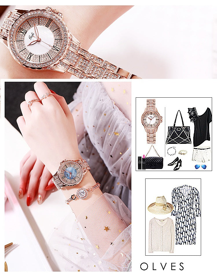 Fashion Goldie full diamond Roman scale steel band women's watches